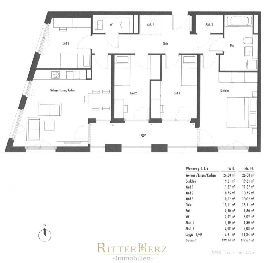 Grundriss mit Wfl. Berechnung Etagenwohnung M�nchen