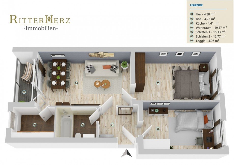 Grundriss in 3D Etagenwohnung M�nchen